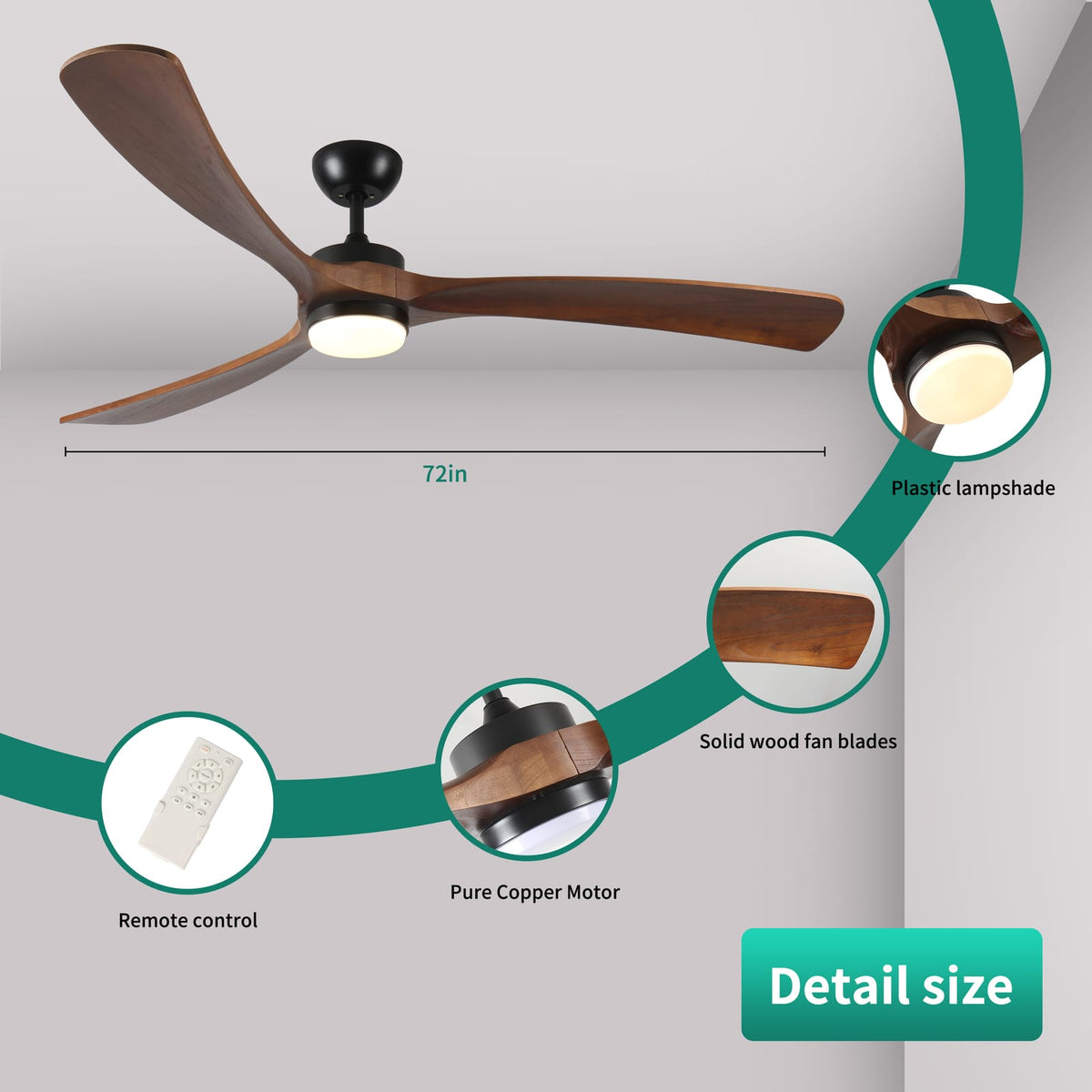 72 Inch Solid Wood Ceiling Fan Antique Brown - Remote Control
