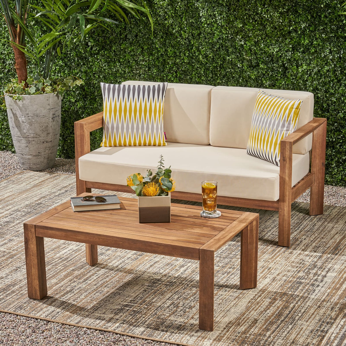 Beige Brown Acacia Wood Loveseat & Coffee Table Patio Set
