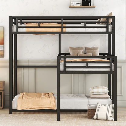 L-Shaped Metal Bunk Bed - Black (Triple Twin Size) for Bedroom