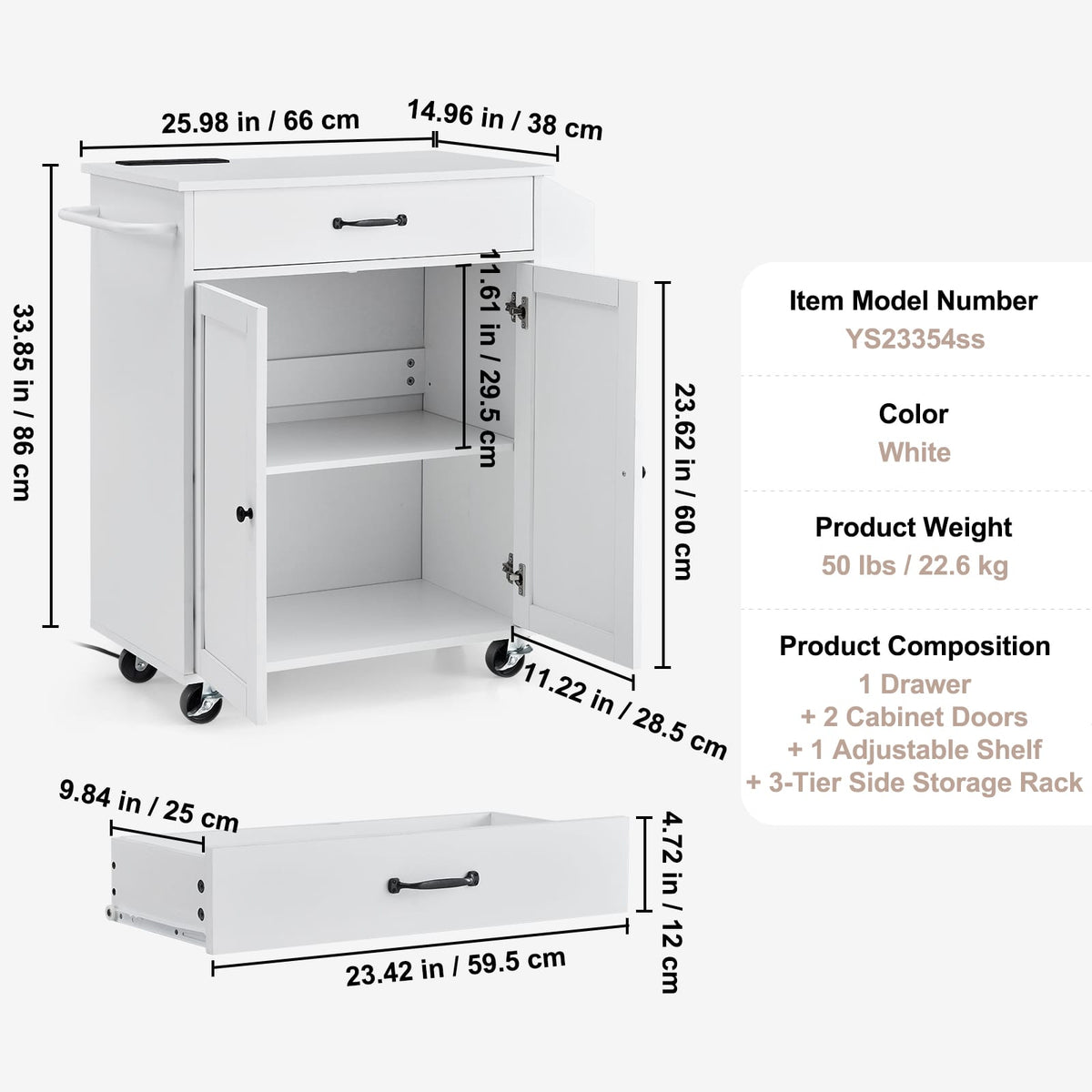 White Rolling Kitchen Storage Cart with Power Strip and Wheels