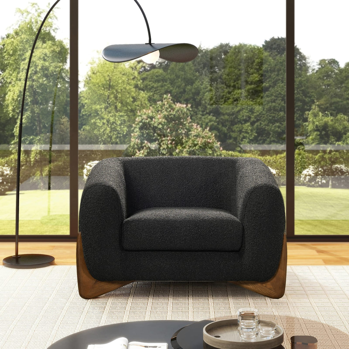 Black Boucle Accent Chair with Natural Oak Legs for Living Room
