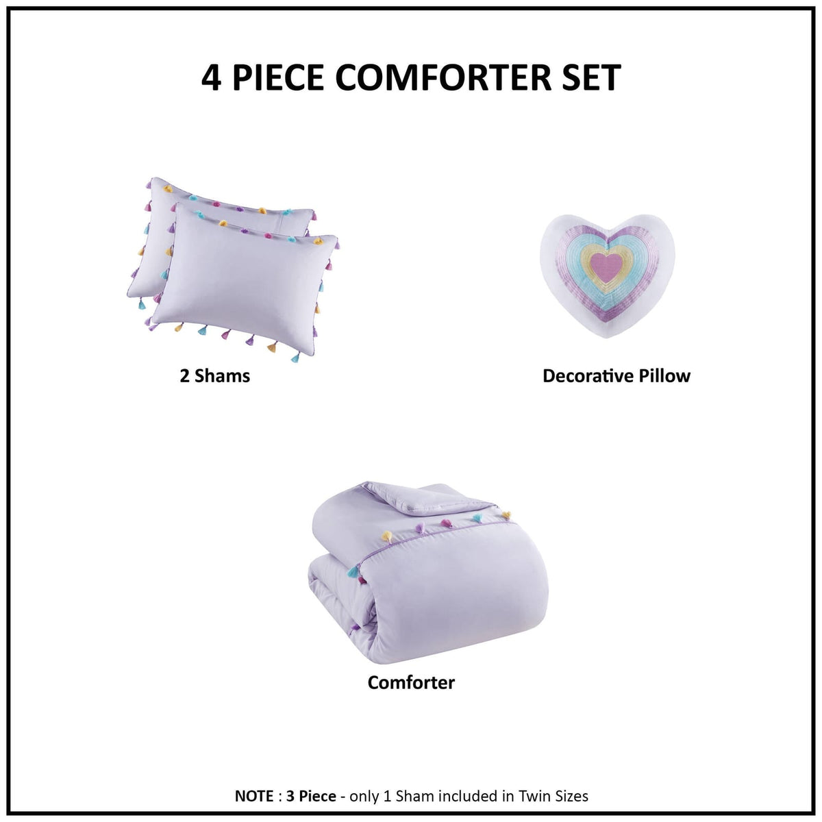 Twin Tassel Comforter Set with Heart Pillow - Multicolor