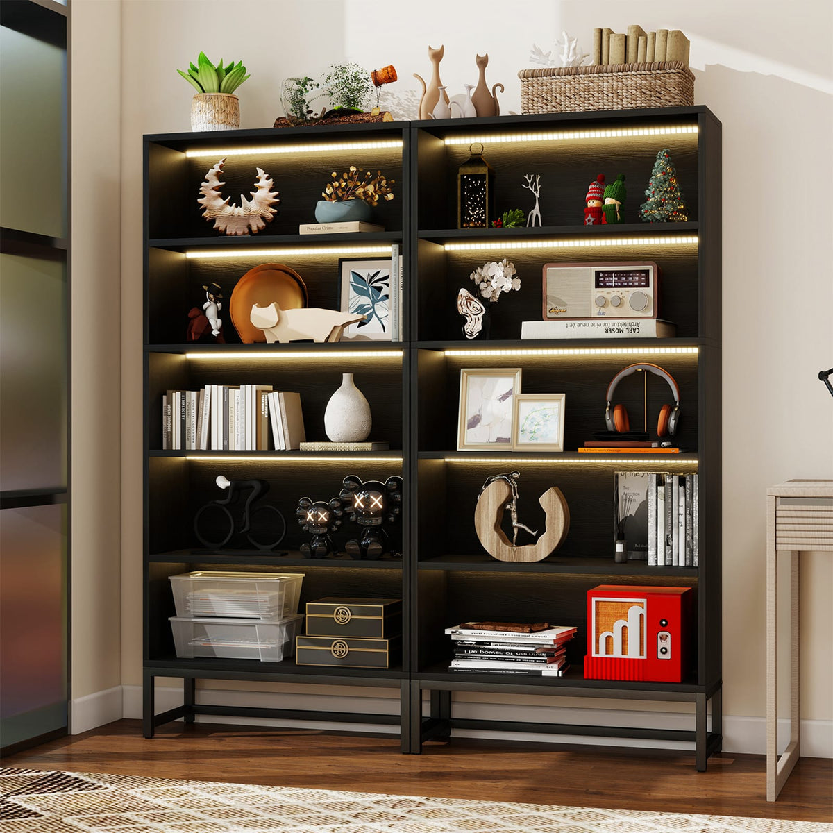 Black Tall Bookcase with LED Lights - 5 Tier Storage Shelf