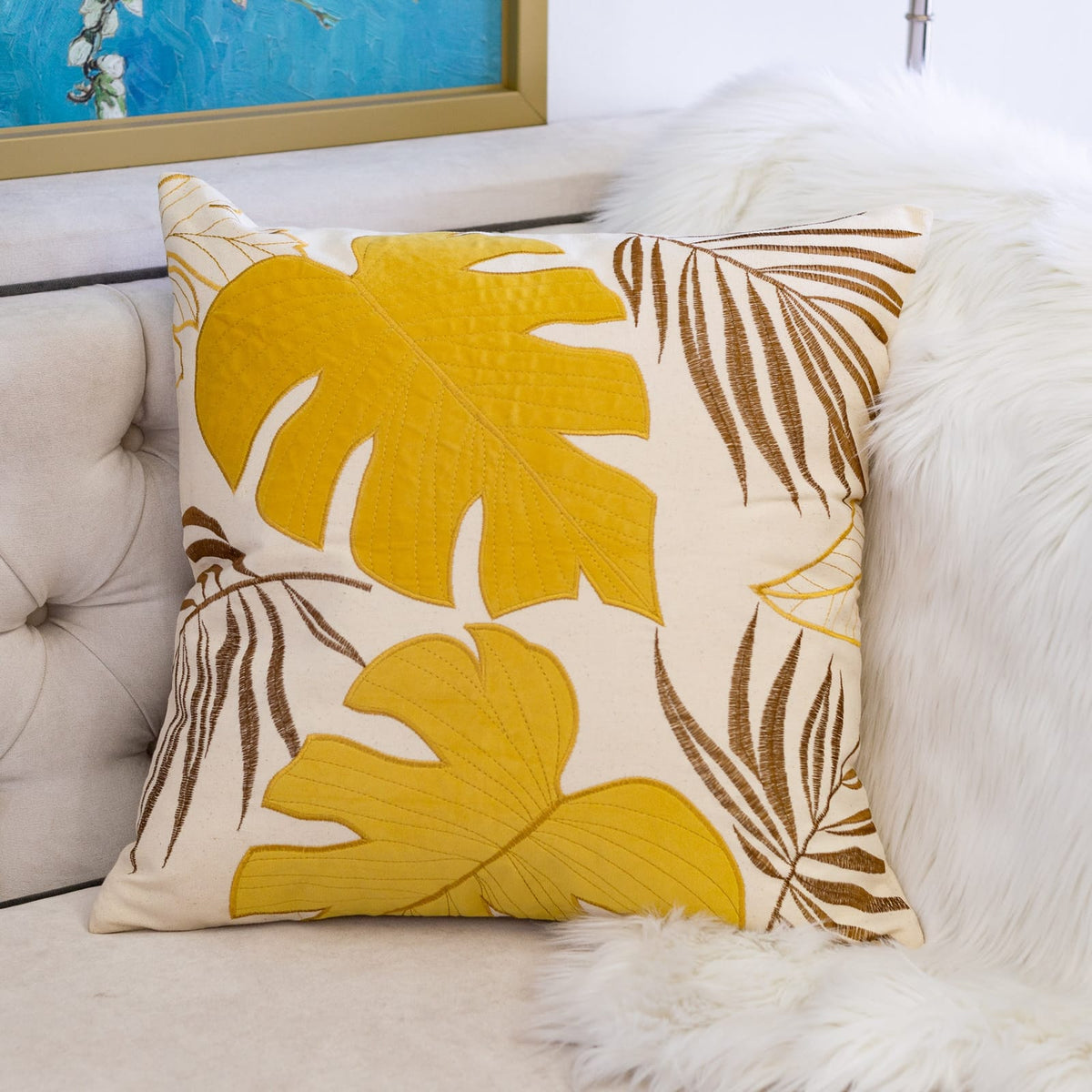20x20 Yellow Polyester Leaf Pillow Cover