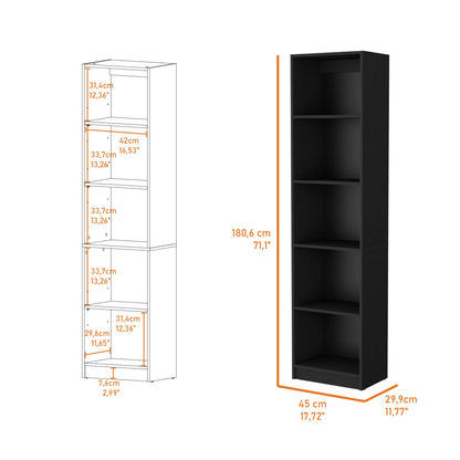 Black 5-Shelf Bookcase - Modern Storage Cabinet