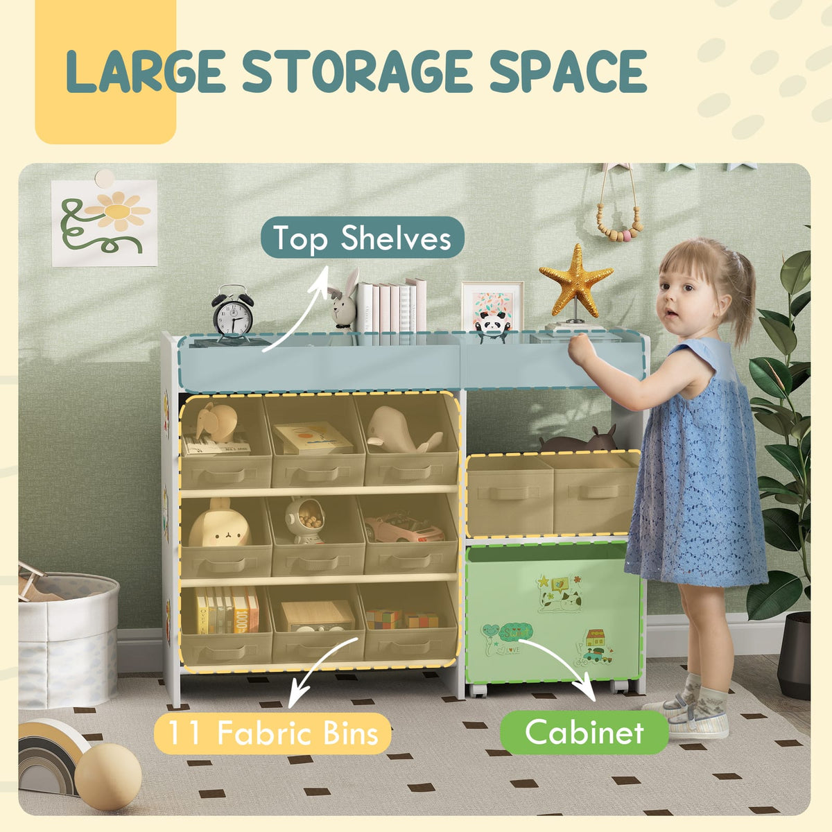 White Fabric Toy Storage Shelf with 11 Bins for Kids Playroom