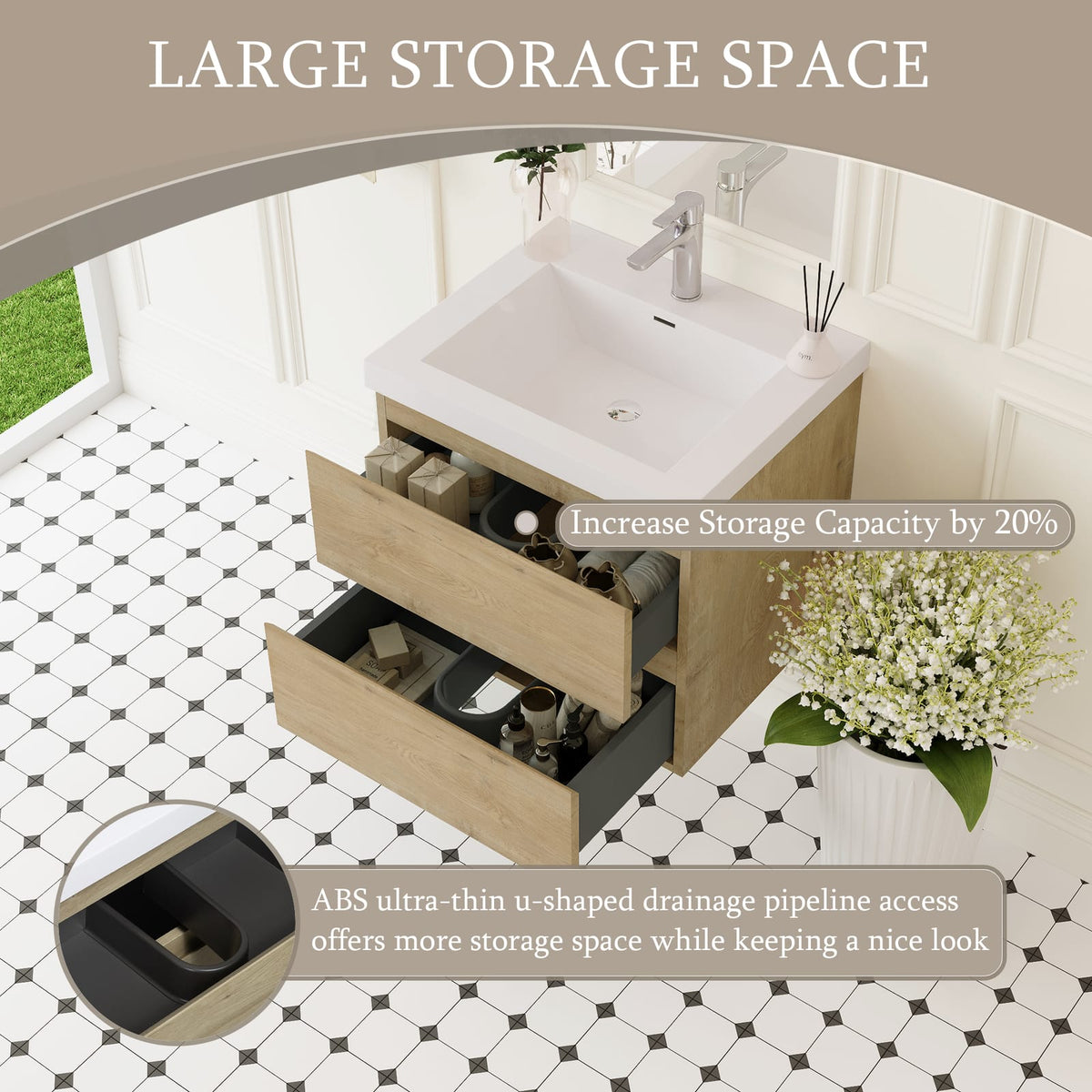 24 Inch Oak Wall-Mounted Bathroom Vanity with Resin Sink