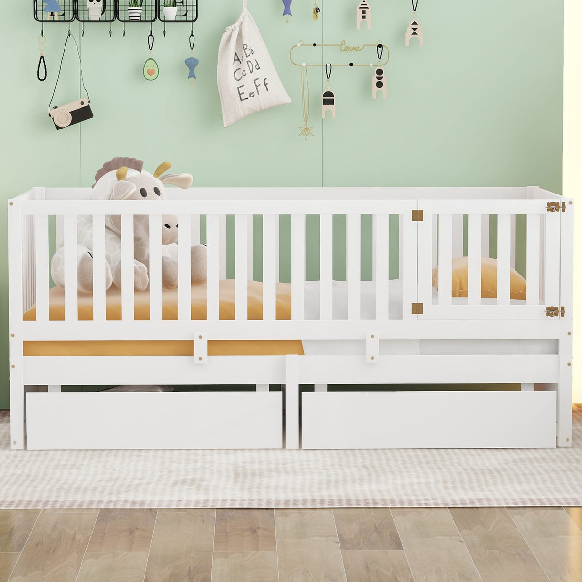 Twin Size Wood Daybed - White with Fence Guardrails & Drawers