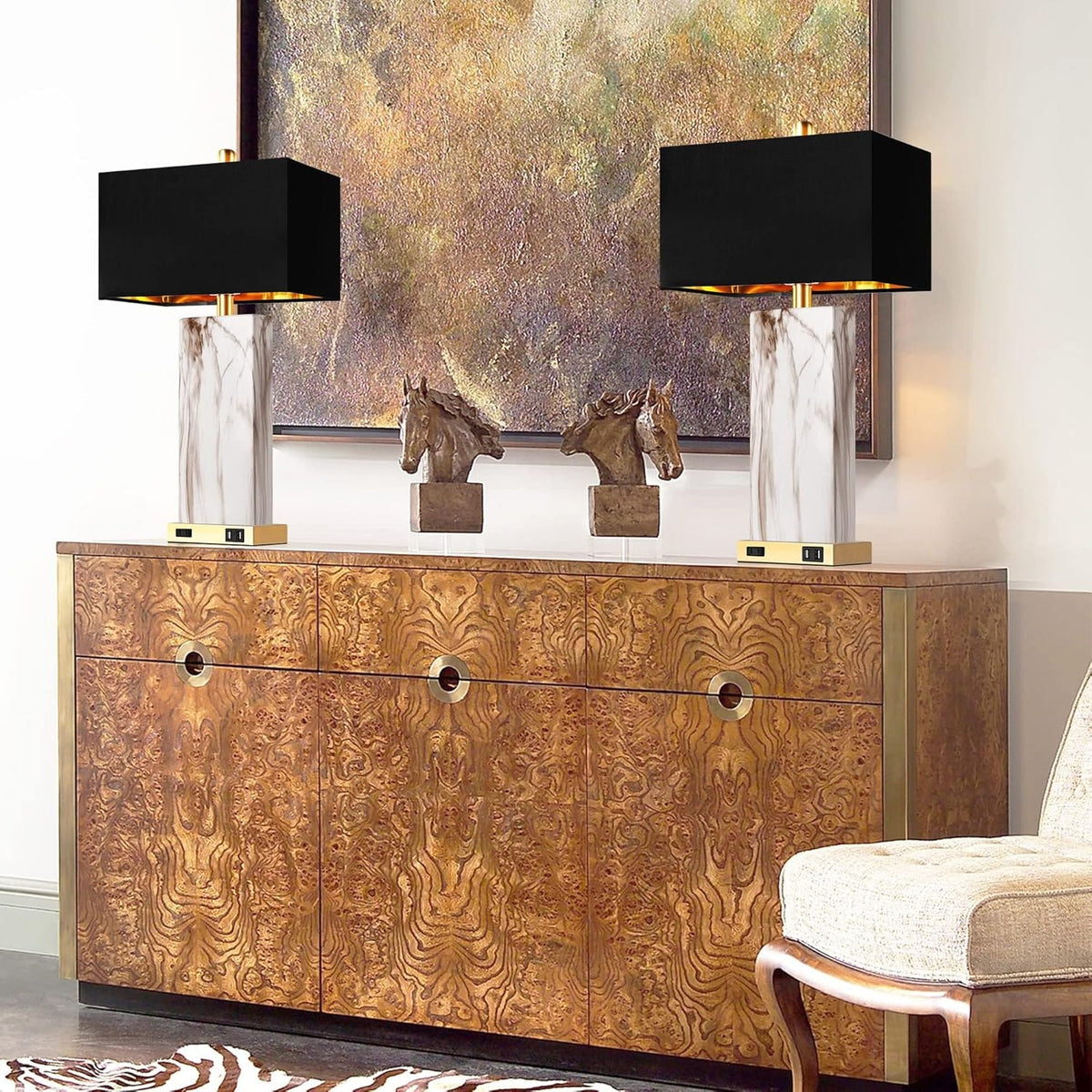Modern Black Metal Table Lamps Set of 2 with USB Charging for Bedside