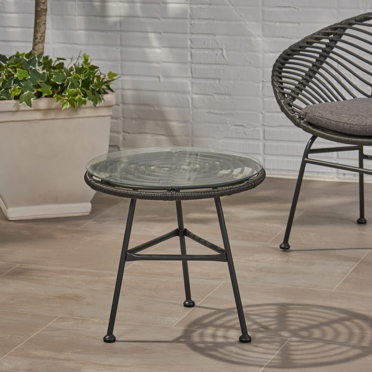 Grey Iron Rattan Side Table - Outdoor Patio Table