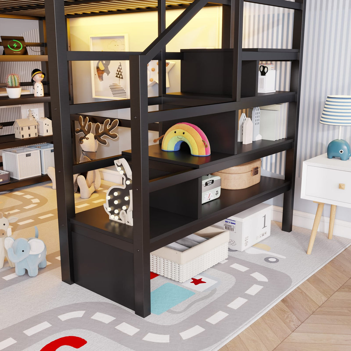 Full Metal Loft Bed with Storage - Black | 4 Shelf & Charging