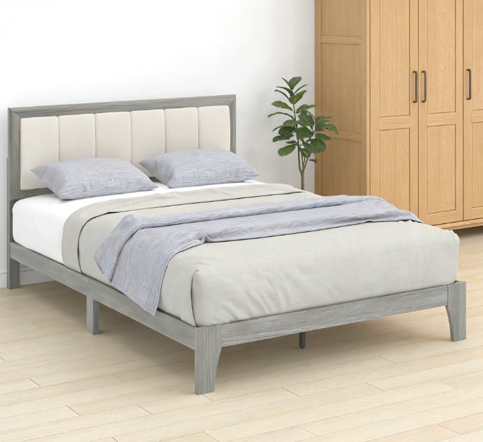 Queen Bed Frame Beige Gray Linen Look Headboard