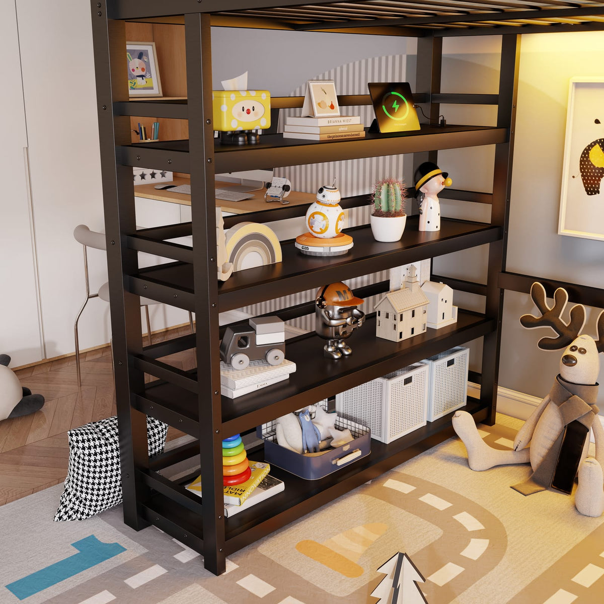 Full Metal Loft Bed with Storage - Black | 4 Shelf & Charging