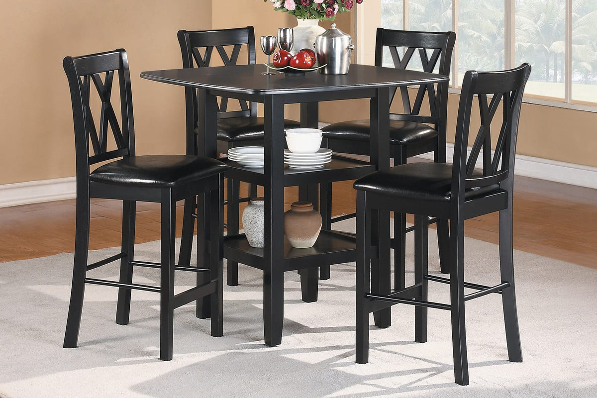 Black Counter Height Dining Set with Shelves and Four Chairs