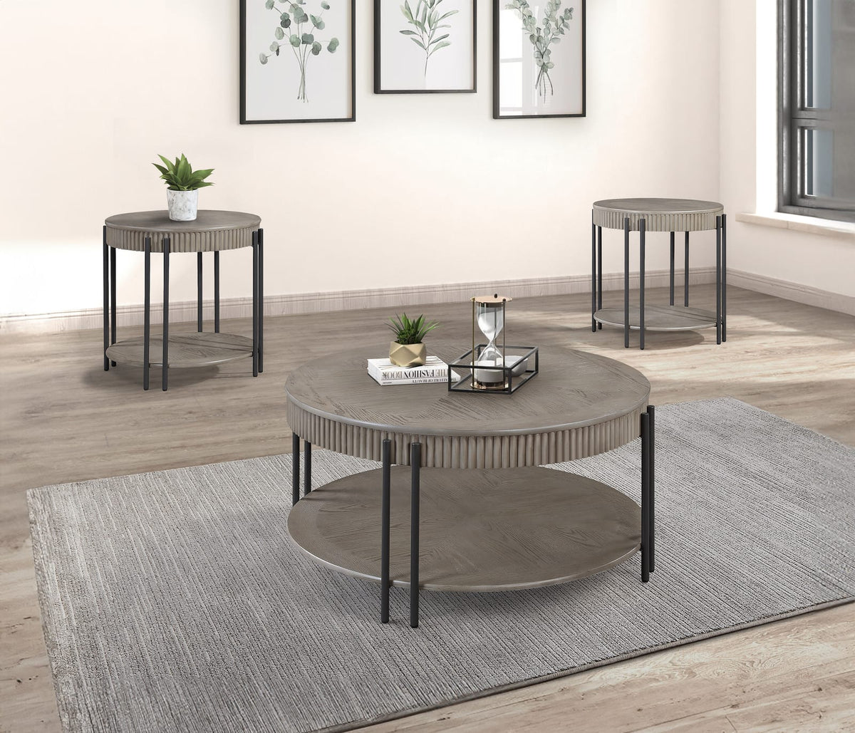 Round Black Brown Wood End Table with Storage Shelf for Living Room