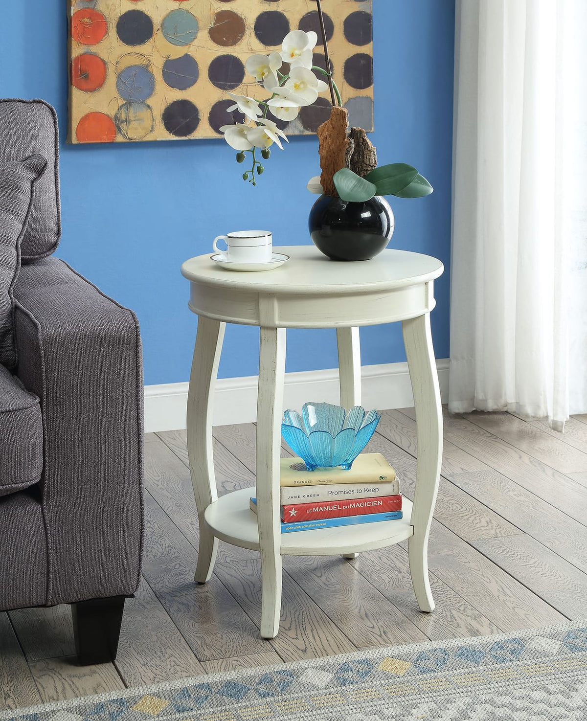 Antique White Accent Table with Storage Shelf for Living Room