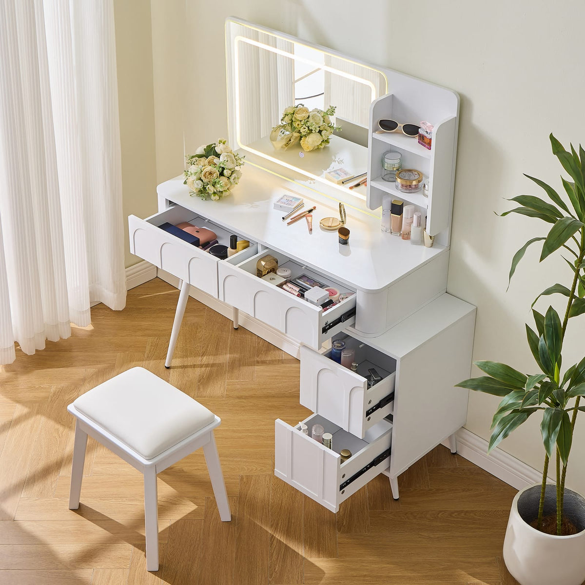 White Makeup Vanity Desk with LED Mirror & Stool - 4 Drawers for Bedroom