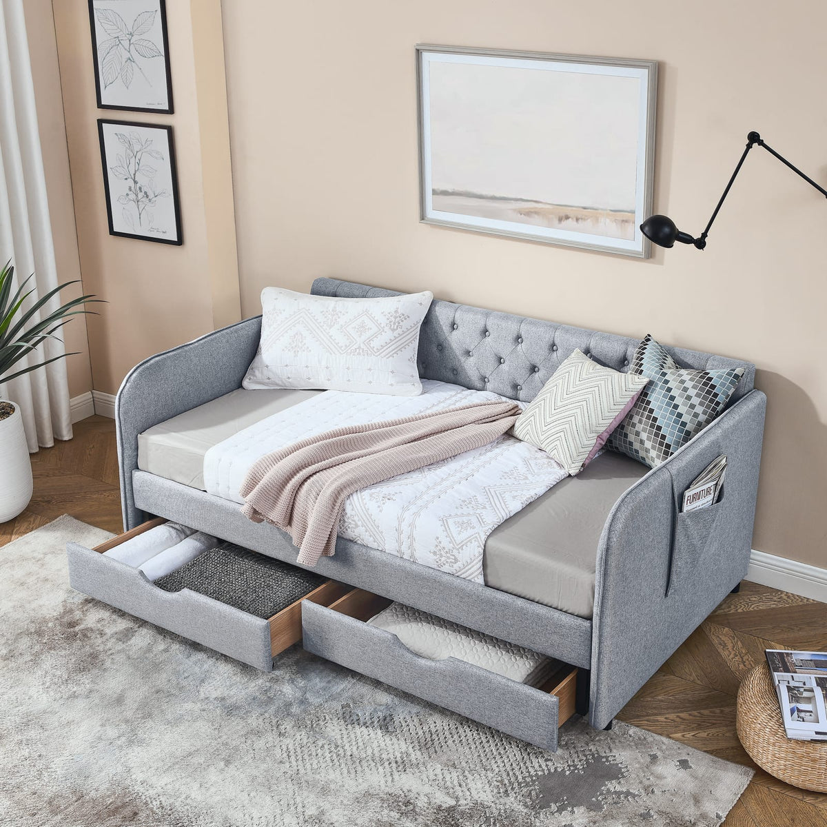 Grey Linen Daybed with Trundle - Twin to King Size