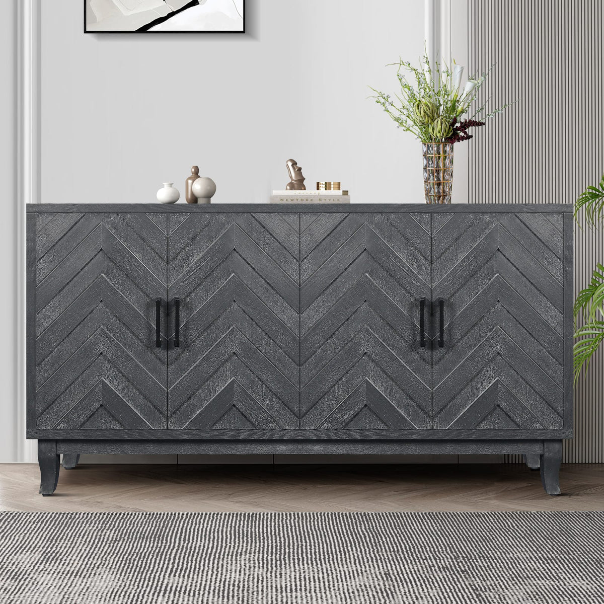 59.8" Antique Dark Grey MDF Sideboard Cabinet - 4 Doors