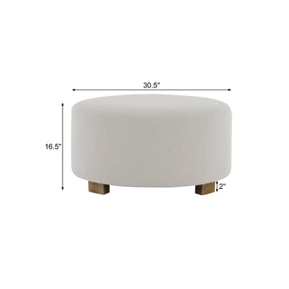White Fabric Round Ottoman with Wooden Legs - Modern Minimalist for Living Room