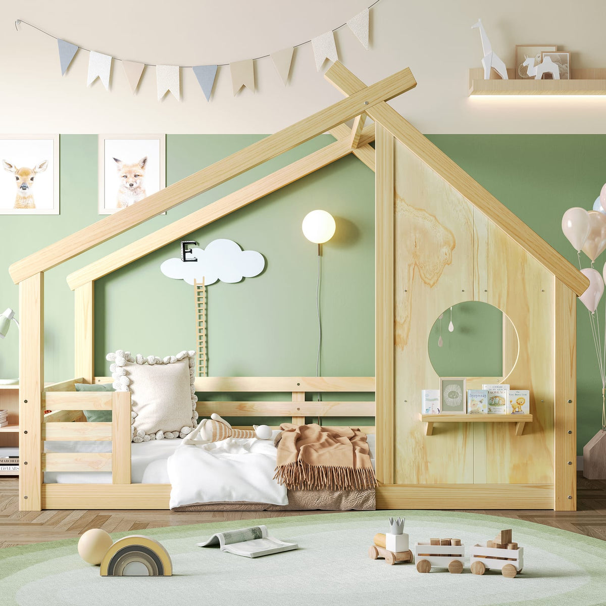 Twin House Floor Bed - Natural Wood, Safe & Sturdy Design