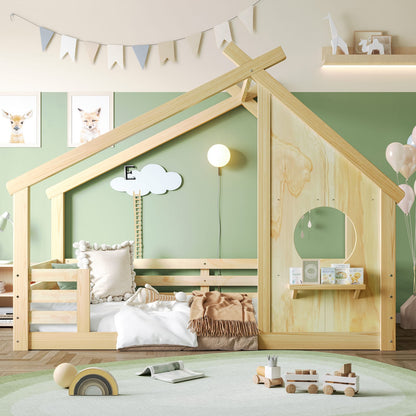 Twin House Floor Bed - Natural Wood, Safe & Sturdy Design