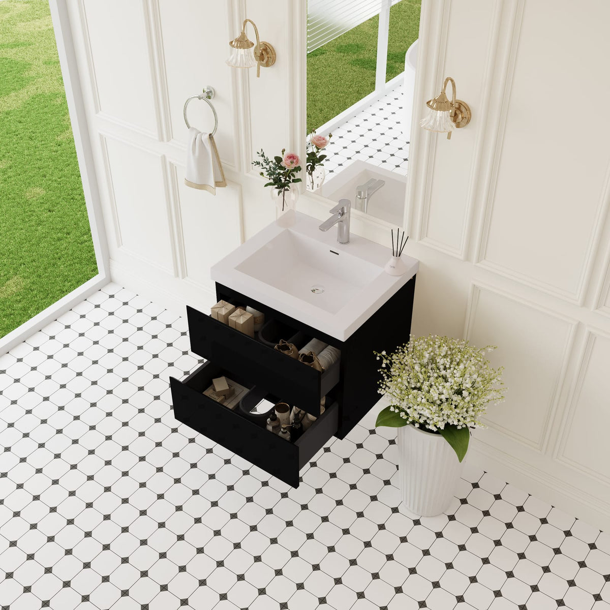 23.6 Inch Black Wall-Mounted Bathroom Vanity with Resin Sink