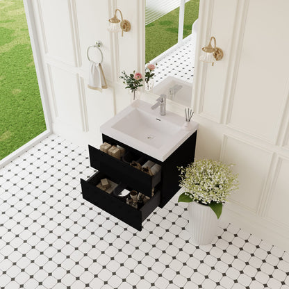 23.6 Inch Black Wall-Mounted Bathroom Vanity with Resin Sink