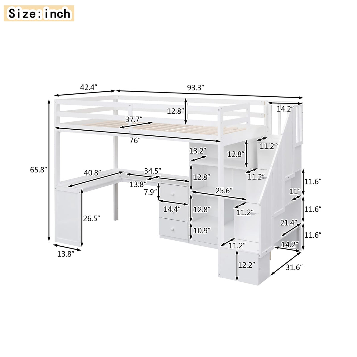 White Pine Twin Loft Bed with Storage Staircase and L-Shaped Desk for Bedroom