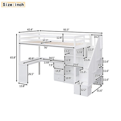 White Pine Twin Loft Bed with Storage Staircase and L-Shaped Desk for Bedroom