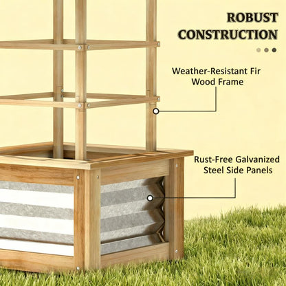 Galvanized Planter Box - Raised Garden Bed with Trellis, Natural Wood