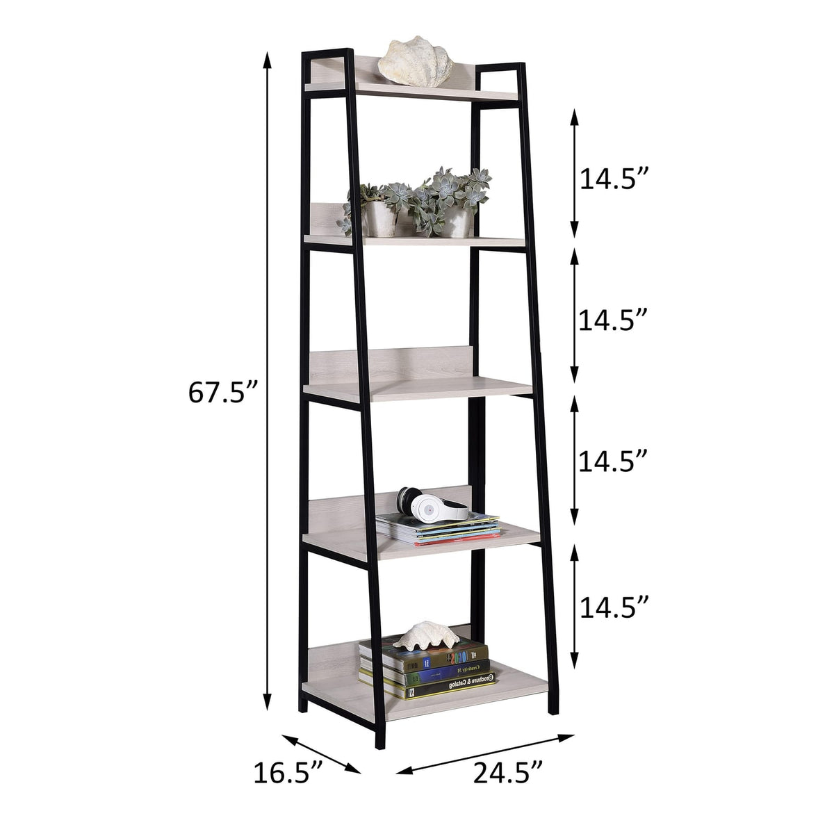 Natural & Black Ladder Bookshelf - 5 Tier Display Shelf
