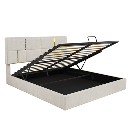 Beige Velvet Platform Bed with Hydraulic Storage for Queen Size for Bedroom