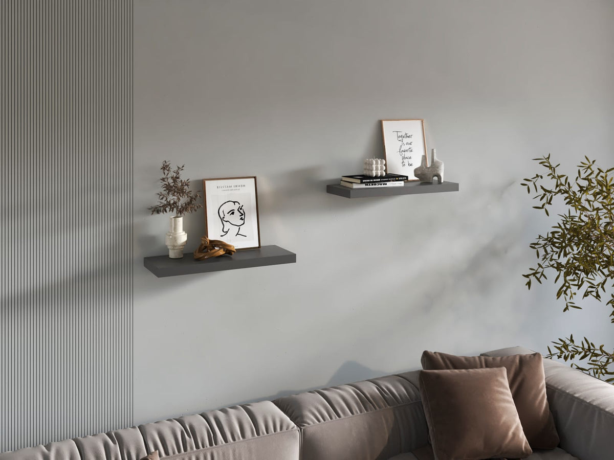 Grey Engineered Wood Floating Shelves - 2 Shelves for Living Room