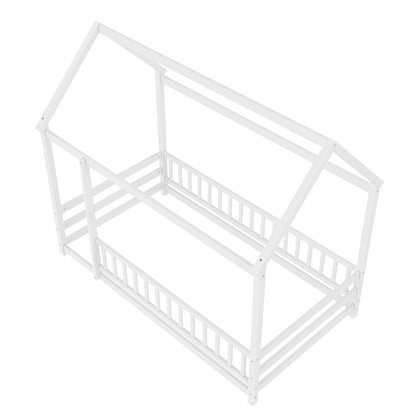 Twin Size Wooden Bed with House Roof Frame, White for Bedroom