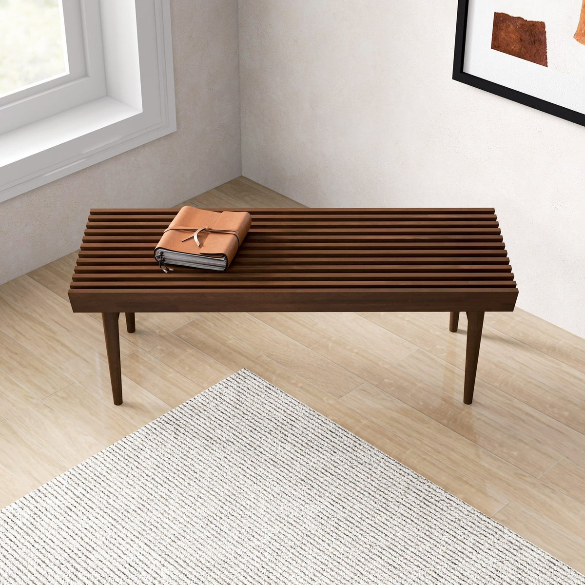 Mid Century Modern Dark Brown Solid Wood Bench - 18.1" x 47.2" for Bedroom