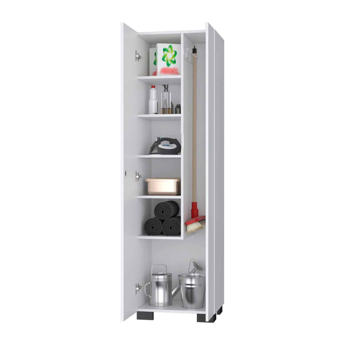 White Wood Storage Cabinet with Broom Shelves for Living Room