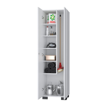 White Wood Storage Cabinet with Broom Shelves for Living Room