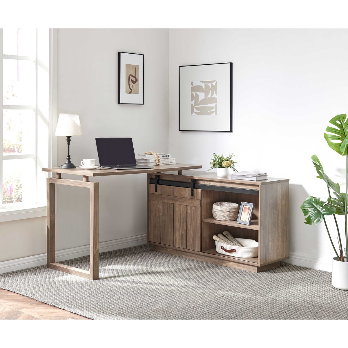 L-Shaped Brown Office Desk with Storage Credenza