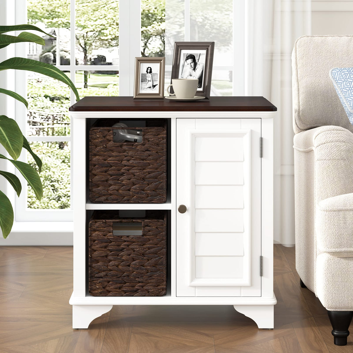 White MDF End Table with Baskets - 23.1" x 18.1"