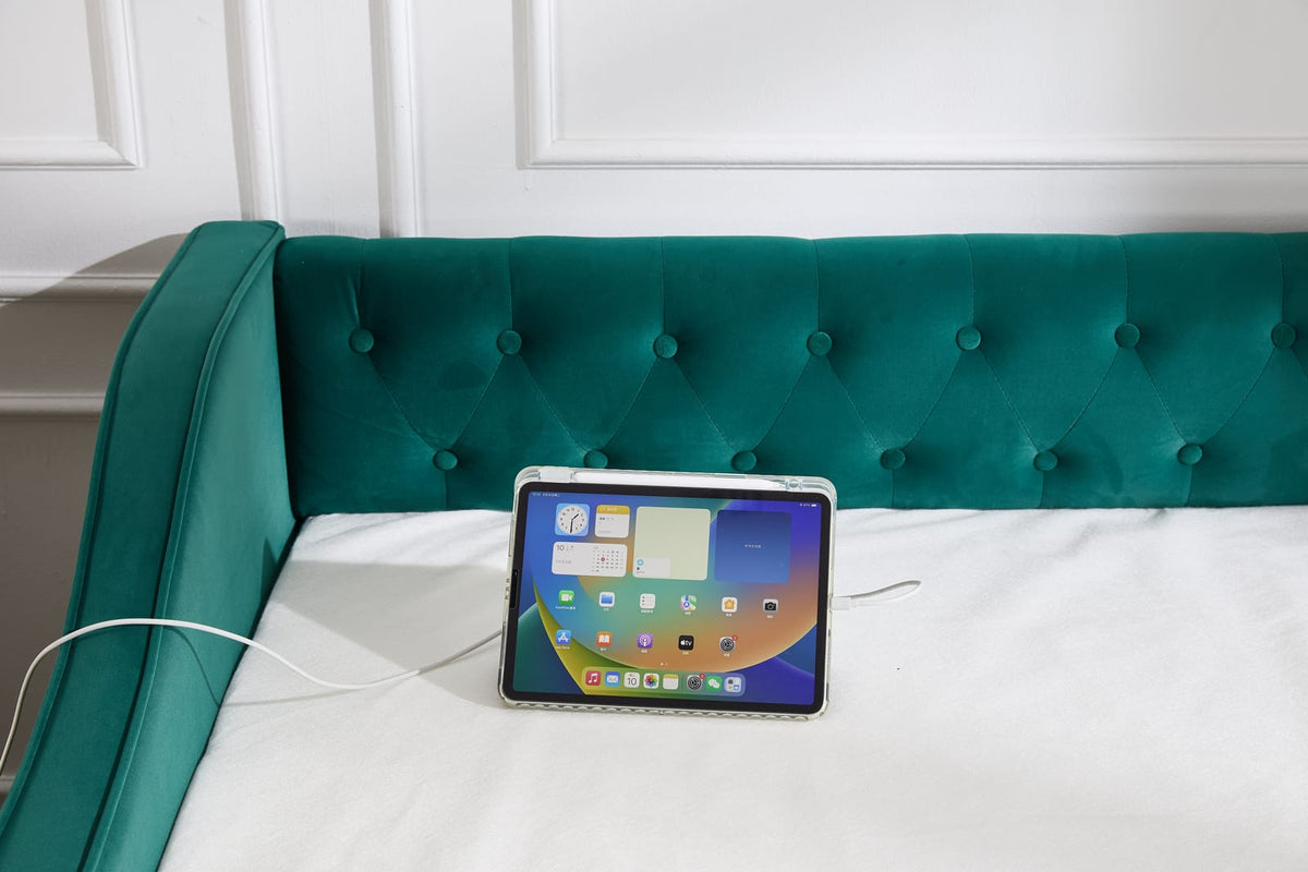 Emerald Velvet Twin Daybed with Trundle - USB Port for Living Room