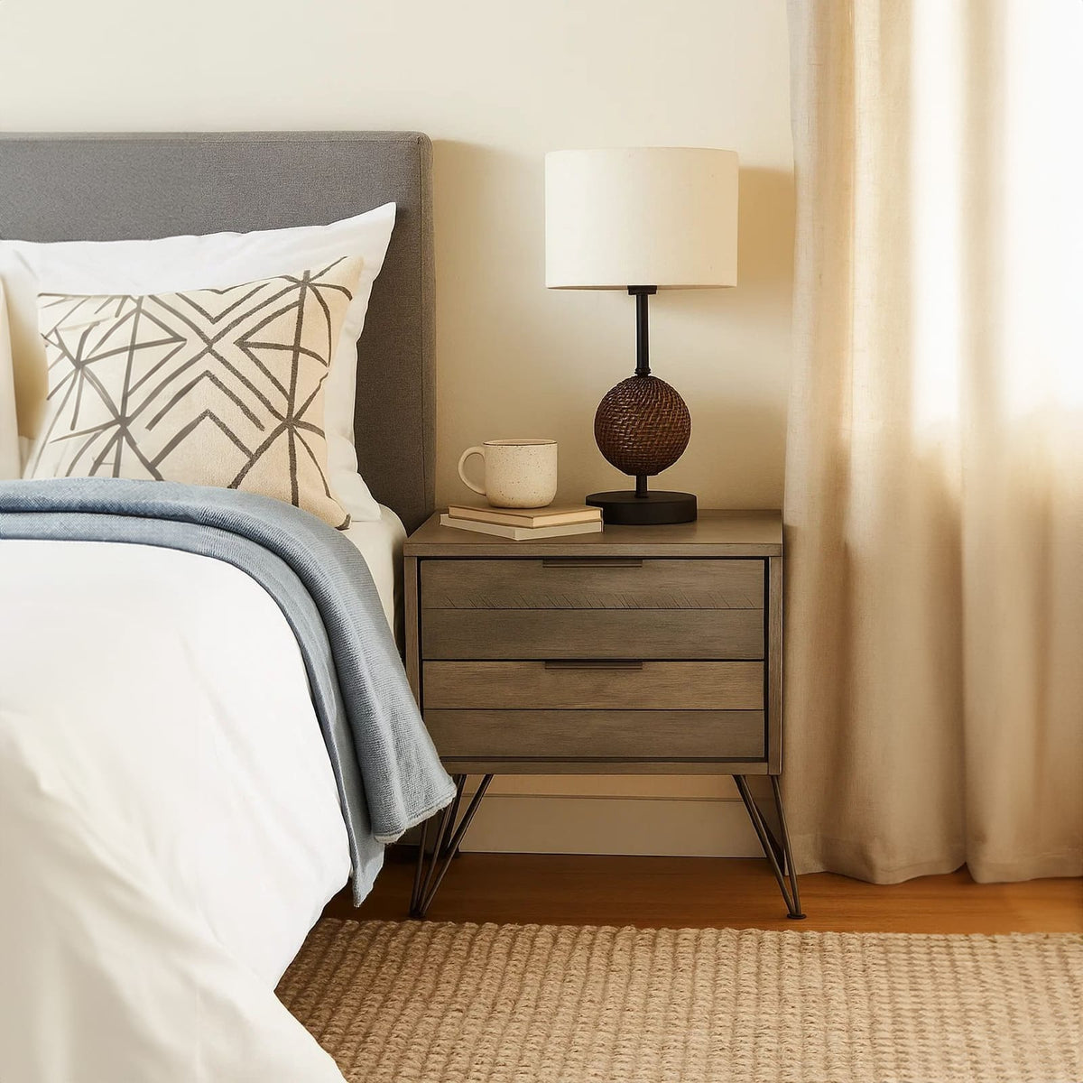 Contemporary Gray Wood Nightstand with Metal Legs - Storage & Style