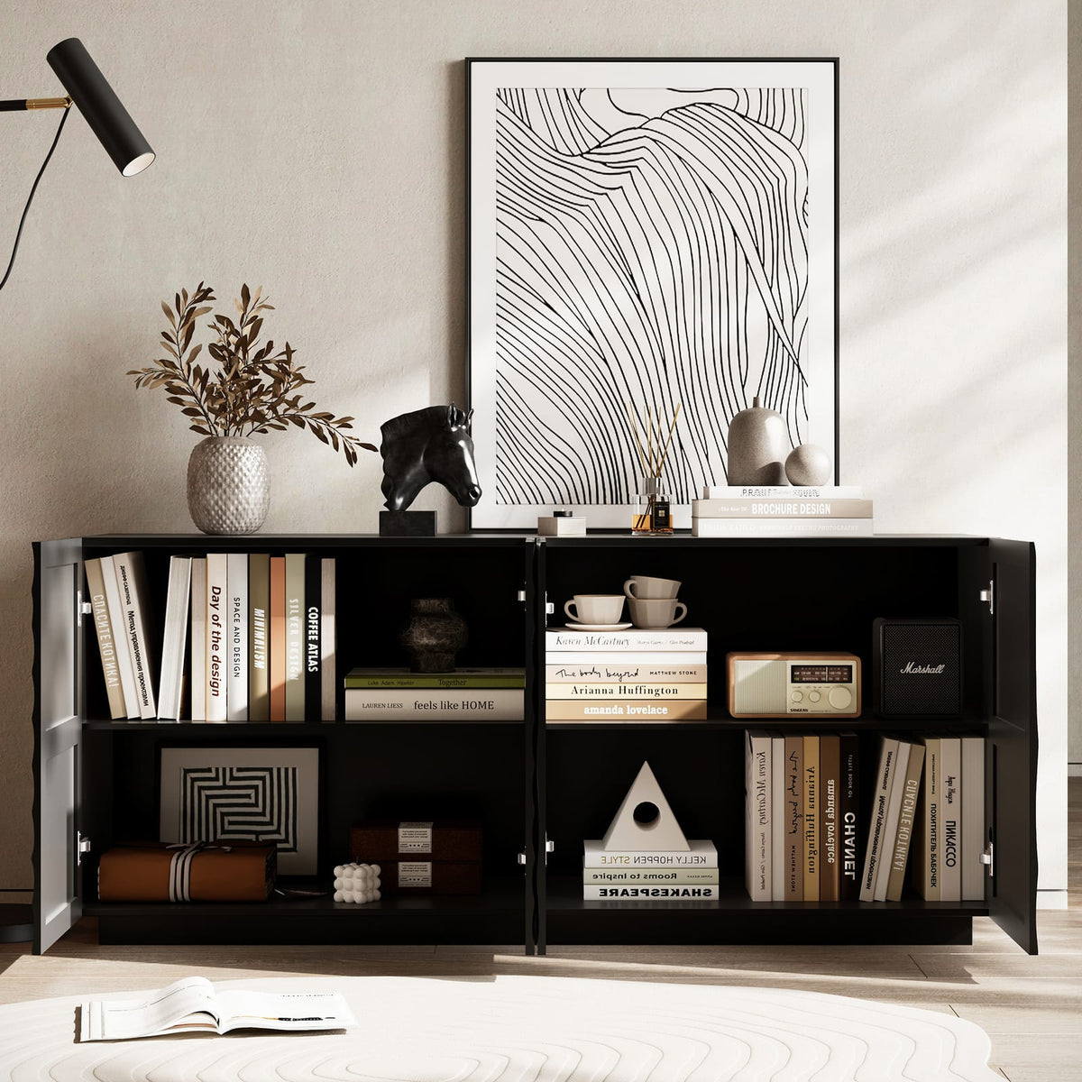 Black Buffet Cabinet - 59" Storage Sideboard for Dining Room