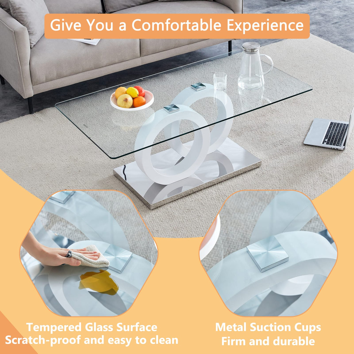 White MDF Glass Coffee Table - 47.25" Modern Living Room Table