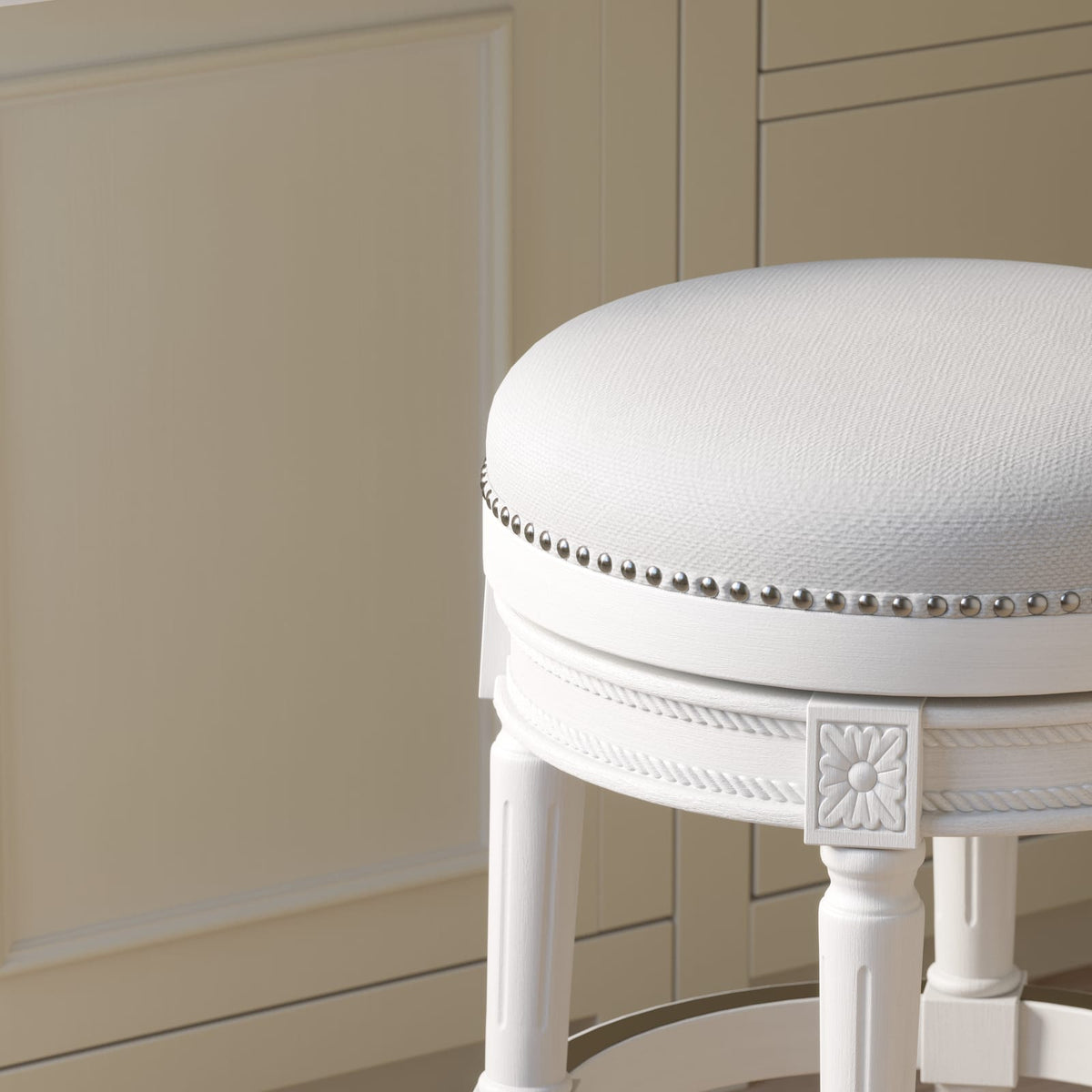 26in. Swivel Barstool - White Wood & Fabric