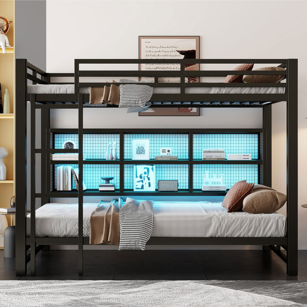 Queen Bunk Bed with Storage - Metal Black for Bedroom