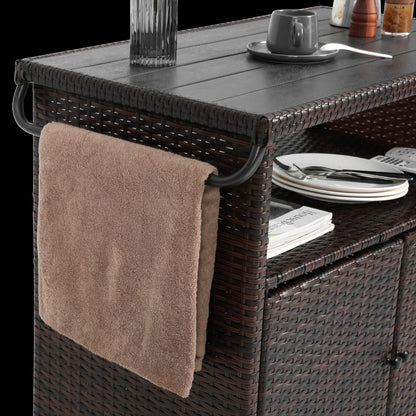 Outdoor Wicker Bar Cart - Patio Serving Cart with Wheels, Black+Brown