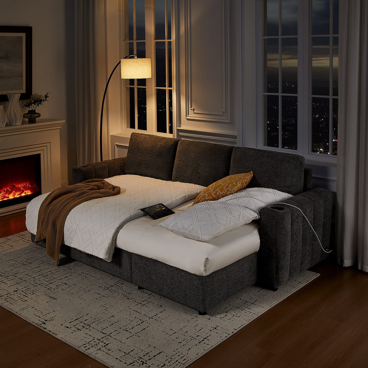 Gray Boucle 3 Seat Sectional Sofa with Sleeper