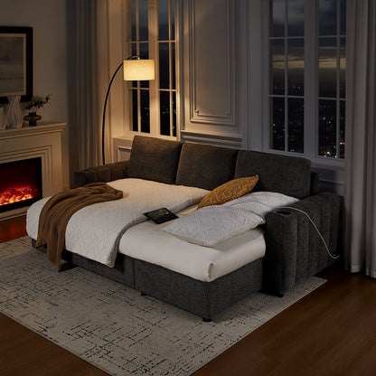 Gray Boucle 3 Seat Sectional Sofa with Sleeper