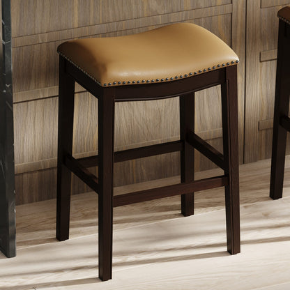 31 Inch Barstool - Tan PU Leather Seat, Durable Wood Frame